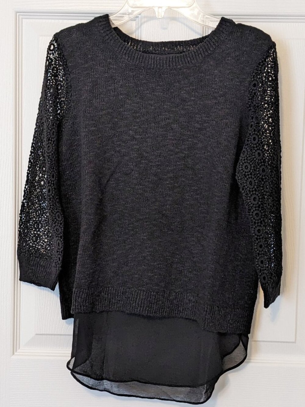 Lucky Brand Women's Knit Lace 3/4 Sleeve Split Back Sweater Top